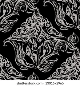 seamless floral pattern. White vector illustration on black background. vector