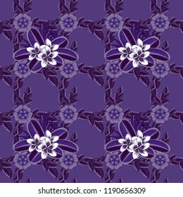 Seamless floral pattern in white, violet and brown colors with motley plumeria flowers. Vector illustration.