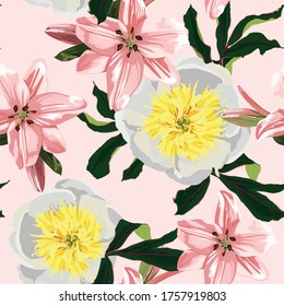 Nahtlose Blumenmuster mit weißen gelben Pfingstrosen und rosafarbenen Lilien. Design für Tapete, Stoff, Wickelpapier, Deckel und mehr. 
