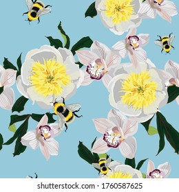 Patrón floral sin foco con peonías amarillas blancas, orquídeas exóticas y abejas. Diseño de papel pintado, tela, papel envolvente, cubierta y más. Fondo azul.