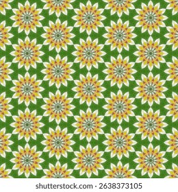 Seamless floral pattern in white, yellow and red tones gives a fresh and lively feeling. The green background adds a natural atmosphere. Suitable for decorations that require relaxation.