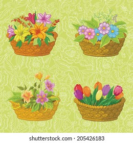 Seamless floral pattern, wicker baskets with tulips, lilies, alstroemeria and cosmos on background with contour flowers. Vector