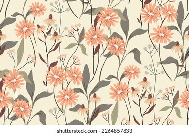 Seamless floral pattern with wild botany in light delicate colors. Beautiful botanical print design with hand drawn plants: wildflowers, small flowers branches, leaves, herbs. Vector illustration.