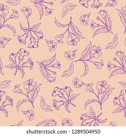 Seamless floral pattern with wild flowers on pastel beige background. Hand drawn vector illustration.