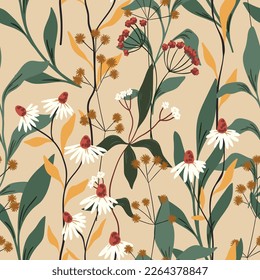 Nahtlose Blumenmuster mit wilden Blumen und Kräutern auf hellem Hintergrund. Vektorgrafik.
