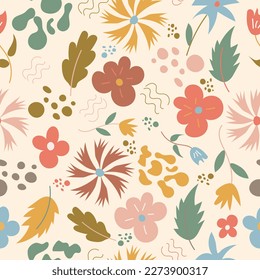 Nahtlose Blumenmuster. Wilde Blumen, Kräuterhintergrund mit endlosem botanischen Druck. Kräuterpflanzen Texturdesign für Textilien. Wiederholbare Wildblumen-Hintergrund. Farbige flache Vektorgrafik