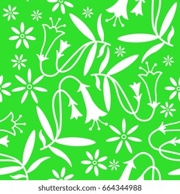 Seamless floral pattern with wild flowers. White silhouette on a vibrant green background