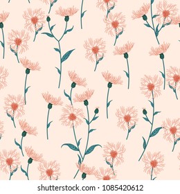 Seamless floral pattern with wild meadow flowers, herbs. Delicate flower print for wallpaper, dress, clothes, surface. Trendy color