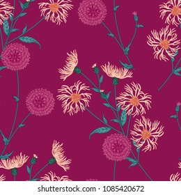 Seamless floral pattern with wild meadow flowers, herbs. Delicate flower print for wallpaper, dress, clothes, surface. Trendy color