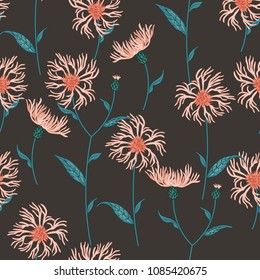 Seamless floral pattern with wild meadow flowers, herbs. Delicate flower print for wallpaper, dress, clothes, surface. Trendy color