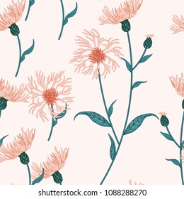 Seamless floral pattern with wild meadow flowers, herbs. Delicate flower print for wallpaper, dress, clothes, surface. Trendy color