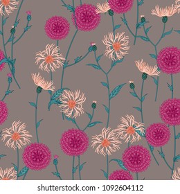 Seamless floral pattern with wild meadow flowers, herbs. Delicate flower print for wallpaper, dress, clothes, surface. Trendy color