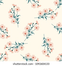 Seamless floral pattern with wild meadow flowers, herbs. Delicate flower print for wallpaper, dress, clothes, surface. Trendy color