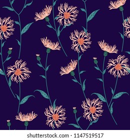 Seamless floral pattern with wild meadow flowers, herbs. Delicate flower print for wallpaper, dress, clothes, surface. Trendy colors.