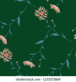 Seamless floral pattern with wild meadow flowers, herbs. Delicate flower print for wallpaper, dress, clothes, surface. Trendy colors.