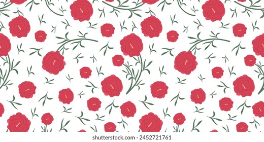 Seamless floral pattern with wild meadow flowers. Red wildflower endless texture for printing, fashion textiles, graphics, backgrounds. Colored flat vector illustration