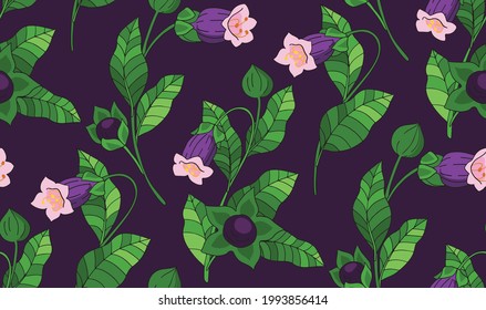Patrón floral sin foco con plantas silvestres. Viña de belladonna continua con pequeños brotes, bayas y hojas sobre un fondo oscuro. Vector.
