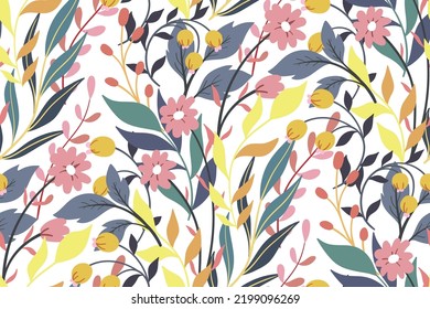 Nahtlose Blumenmuster mit Wildpflanzen in sanften Aquarellfarben. Abstrakte Zeichnung mit Kräutern, kleinen Blumen, Beeren, Blättern auf weißem Hintergrund. Oberflächendesign mit Herbst, Winterstimmung. Vektorgrafik