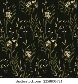 Seamless floral pattern with wild plants in natural colors. Vintage flower print, beautiful botanical design: hand drawn branches, small flowers, leaves on a dark green background. Vector illustration