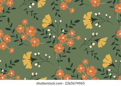 Seamless floral pattern with wild plants in vintage style. Beautiful botanical design with decorative art field: small wild flowers, leaves, twigs on a natural green background. Vector illustration.