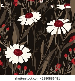 Seamless floral pattern with wild plants for print. Beautiful botanical design with hand drawn flora: large chamomile flowers, various leaves and herbs on a dark brown background. Vector illustration.