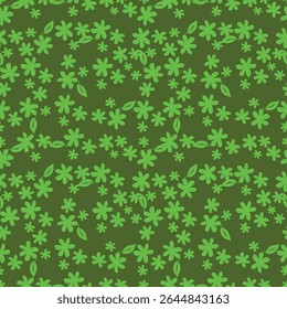 Seamless floral pattern with wild plants in vintage style. Beautiful botanical design with decorative art field: small wild flowers, leaves, twigs on a natural green background. Vector illustration.
