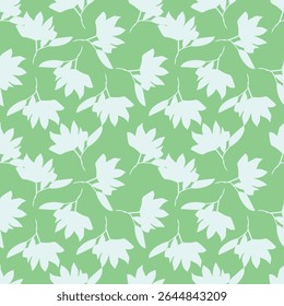 Seamless floral pattern with wild plants in vintage style. Beautiful botanical design with decorative art field: small wild flowers, leaves, twigs on a natural green background. Vector illustration.
