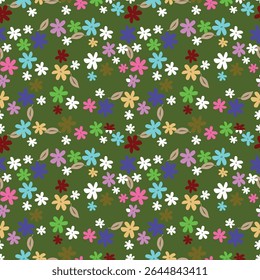 Seamless floral pattern with wild plants in vintage style. Beautiful botanical design with decorative art field: small wild flowers, leaves, twigs on a natural green background. Vector illustration.
