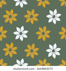 Seamless floral pattern with wild plants in vintage style. Beautiful botanical design with decorative art field: small wild flowers, leaves, twigs on a natural green background. Vector illustration.
