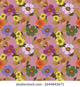 Seamless floral pattern with wild plants in vintage style. Beautiful botanical design with decorative art field: small wild flowers, leaves, twigs on a natural green background. Vector illustration.
