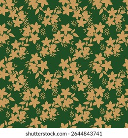 Seamless floral pattern with wild plants in vintage style. Beautiful botanical design with decorative art field: small wild flowers, leaves, twigs on a natural green background. Vector illustration.
