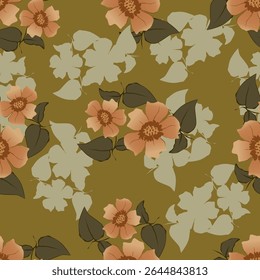 Seamless floral pattern with wild plants in vintage style. Beautiful botanical design with decorative art field: small wild flowers, leaves, twigs on a natural green background. Vector illustration.
