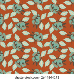 Seamless floral pattern with wild plants in vintage style. Beautiful botanical design with decorative art field: small wild flowers, leaves, twigs on a natural green background. Vector illustration.
