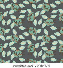 Seamless floral pattern with wild plants in vintage style. Beautiful botanical design with decorative art field: small wild flowers, leaves, twigs on a natural green background. Vector illustration.
