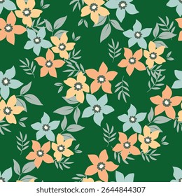 Seamless floral pattern with wild plants in vintage style. Beautiful botanical design with decorative art field: small wild flowers, leaves, twigs on a natural green background. Vector illustration.
