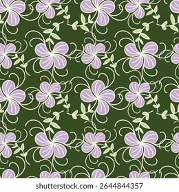 Seamless floral pattern with wild plants in vintage style. Beautiful botanical design with decorative art field: small wild flowers, leaves, twigs on a natural green background. Vector illustration.
