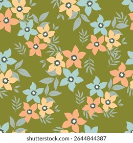 Seamless floral pattern with wild plants in vintage style. Beautiful botanical design with decorative art field: small wild flowers, leaves, twigs on a natural green background. Vector illustration.
