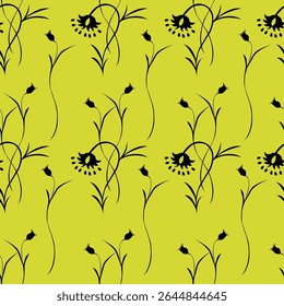Seamless floral pattern with wild plants in vintage style. Beautiful botanical design with decorative art field: small wild flowers, leaves, twigs on a natural green background. Vector illustration.
