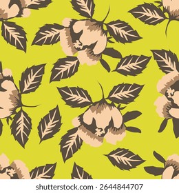 Seamless floral pattern with wild plants in vintage style. Beautiful botanical design with decorative art field: small wild flowers, leaves, twigs on a natural green background. Vector illustration.
