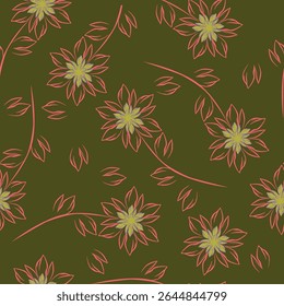 Seamless floral pattern with wild plants in vintage style. Beautiful botanical design with decorative art field: small wild flowers, leaves, twigs on a natural green background. Vector illustration.
