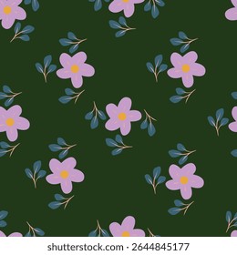 Seamless floral pattern with wild plants in vintage style. Beautiful botanical design with decorative art field: small wild flowers, leaves, twigs on a natural green background. Vector illustration.
