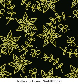Seamless floral pattern with wild plants in vintage style. Beautiful botanical design with decorative art field: small wild flowers, leaves, twigs on a natural green background. Vector illustration.
