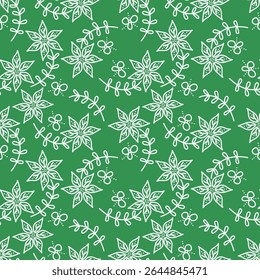 Naadloos bloemmotief met wilde planten in vintage stijl. Mooi botanisch ontwerp met decoratief kunstveld: kleine wilde bloemen, bladeren, twijgen op een natuurlijke groene achtergrond. Vectorillustratie.
