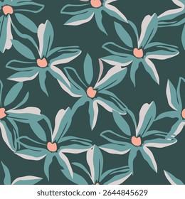 Seamless floral pattern with wild plants in vintage style. Beautiful botanical design with decorative art field: small wild flowers, leaves, twigs on a natural green background. Vector illustration.
