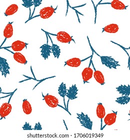 Seamless floral pattern with wild rose hip red berries. Vector hand drawn illustration