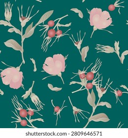 Seamless floral pattern with wild rose. Botanical design with blooming branches and ripe berries. On green background.