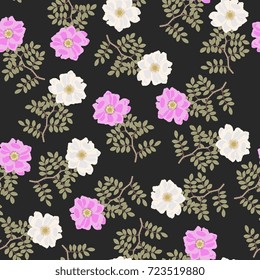 Seamless floral pattern with wild roses. Pink, white and green on black background. Folk style. Intricate design.