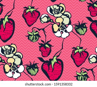Seamless floral pattern with wild strawberry ornamental decorative background. Vector pattern. Print for textile, cloth, wallpaper, scrapbooking