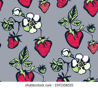 Seamless floral pattern with wild strawberry ornamental decorative background. Vector pattern. Print for textile, cloth, wallpaper, scrapbooking