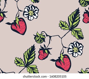 Seamless floral pattern with wild strawberry ornamental decorative background. Vector pattern. Print for textile, cloth, wallpaper, scrapbooking